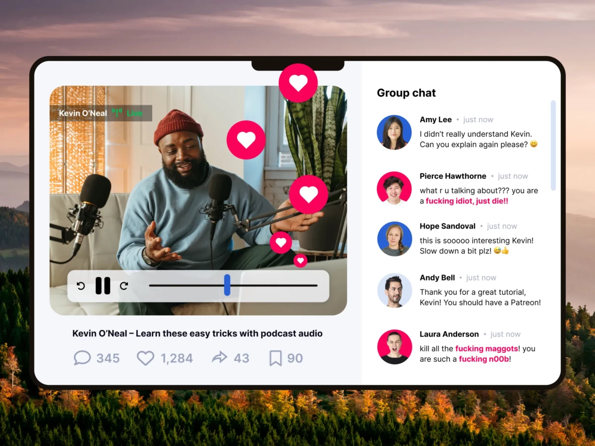A mockup illustration of an online video course to the left and a live chat to the right.